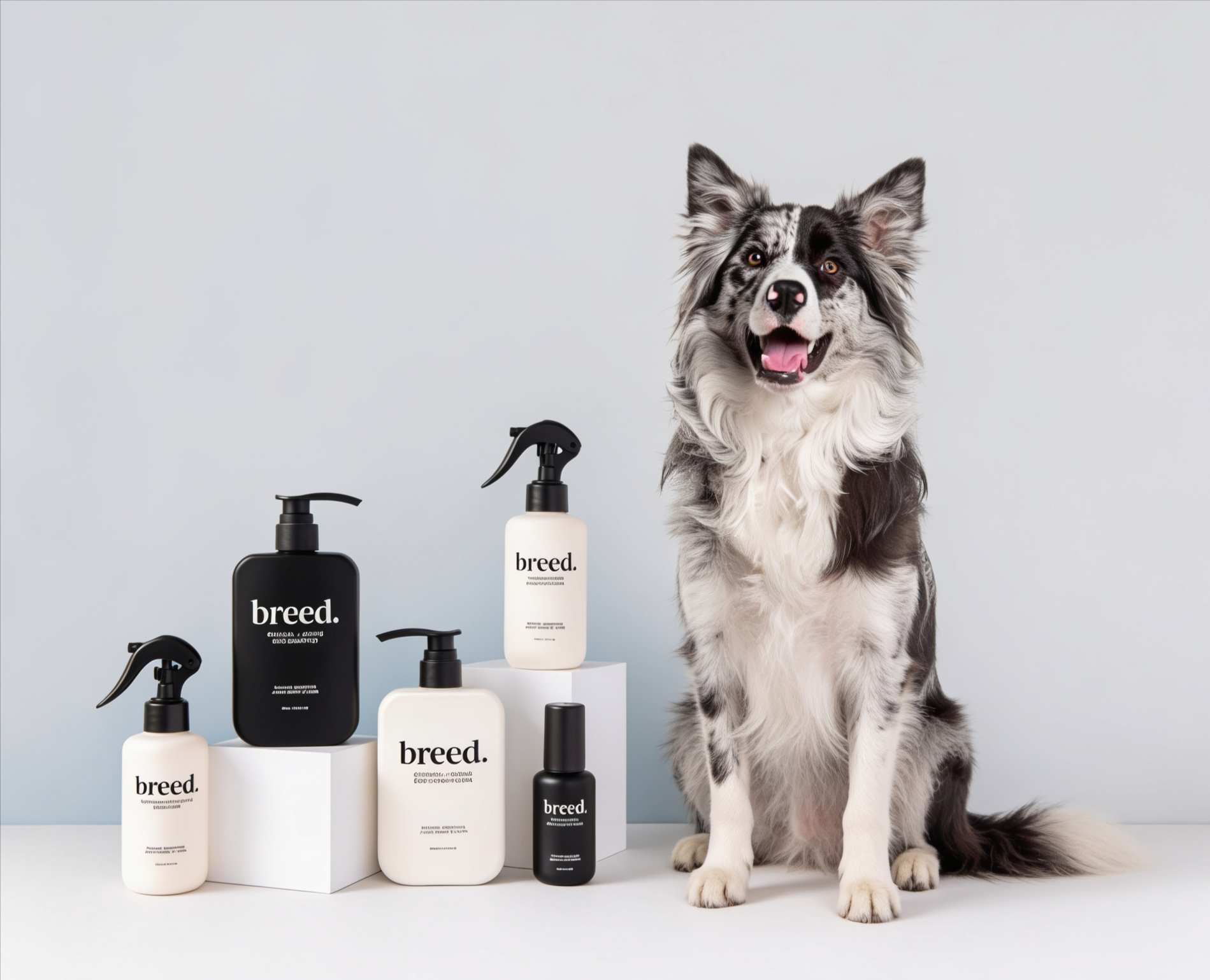 Breed product range with a border collie — brand aesthetic photography