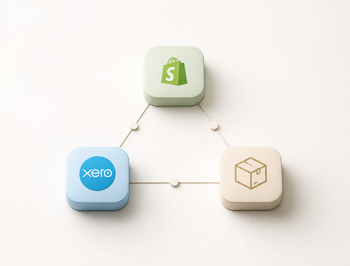 Connected system diagram showing Shopify, Xero and 3PL fulfillment working together