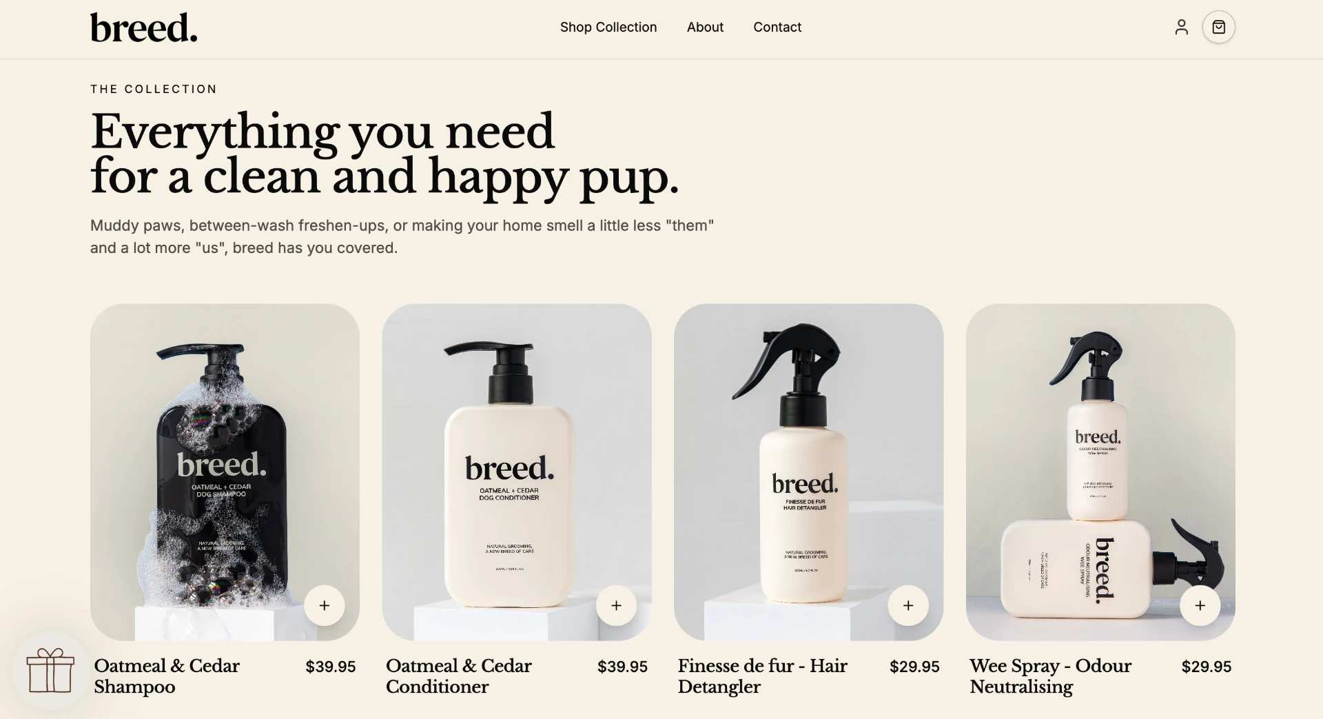 Breed Shopify collection page — the full product range